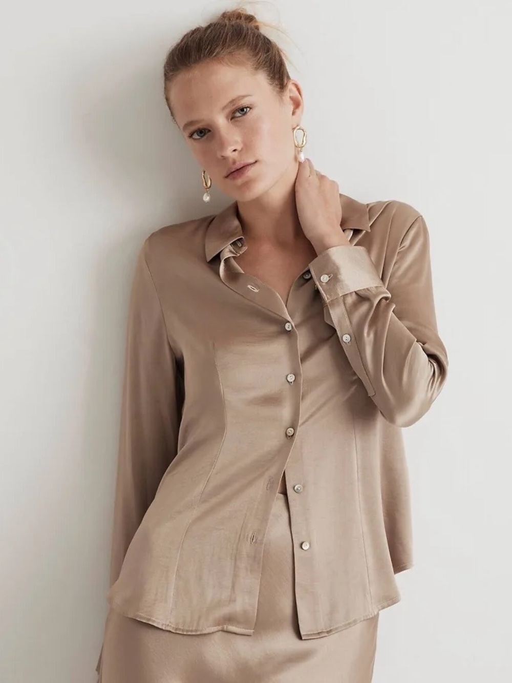 Madewell Taupe Satin Button Down Shirt w Opal Buttons